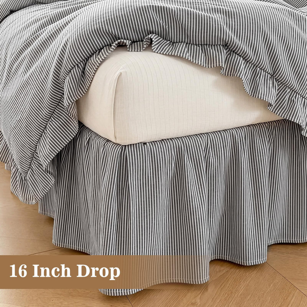 Stripe Ruffled Bed Skirt 16" Drop, Grey