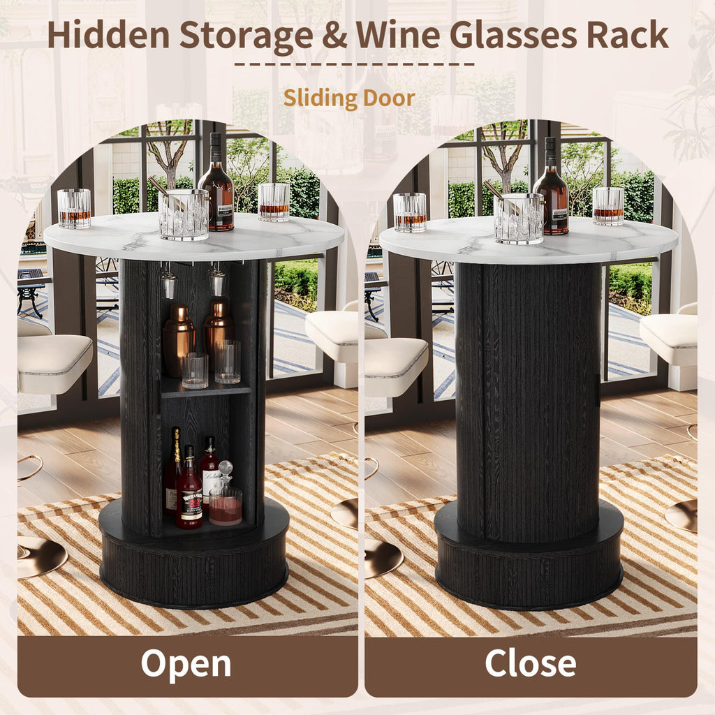 Round Bar Table with 2-Tier Hidden Storage, 38.1" High Top Bistro Pub Table with Footrest, Rustic Coffee Cocktail