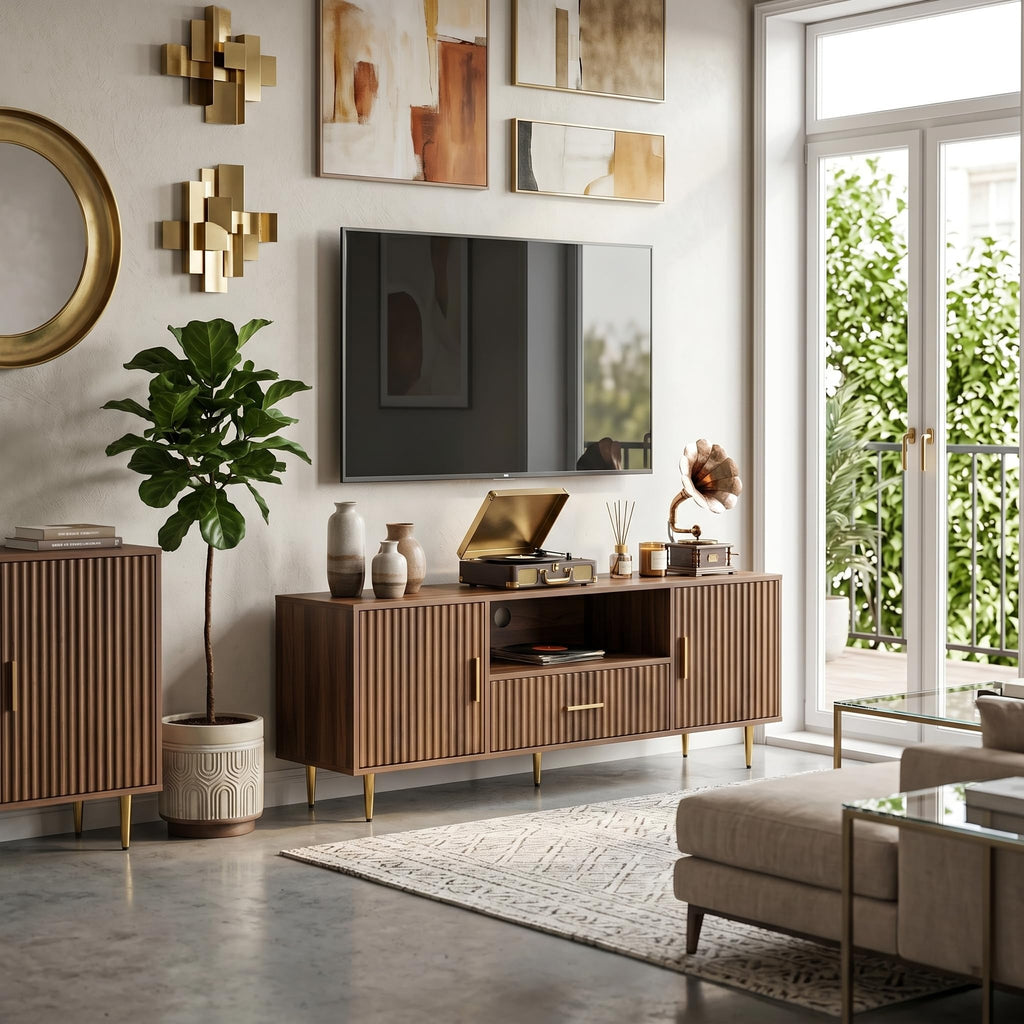 Luxury Fluted TV Stand, Entertainment Center for TVs Up to 65", Modern Media Console with Drawer and Cabinets, TV