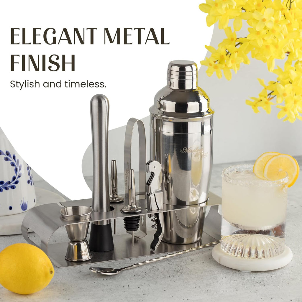 Cocktail Shaker Set: Complete Bartender Kit with Metal Stand and Bar Cart Accessories | Includes Exclusive Recipe - Set of 10