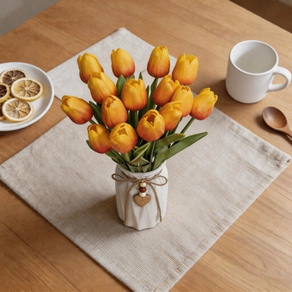 Artificial Tulip Flower Arrangement in Ceramic Vase with Rustic Heart Charm, 15 PCS PU Real Touch Faux Floral Table