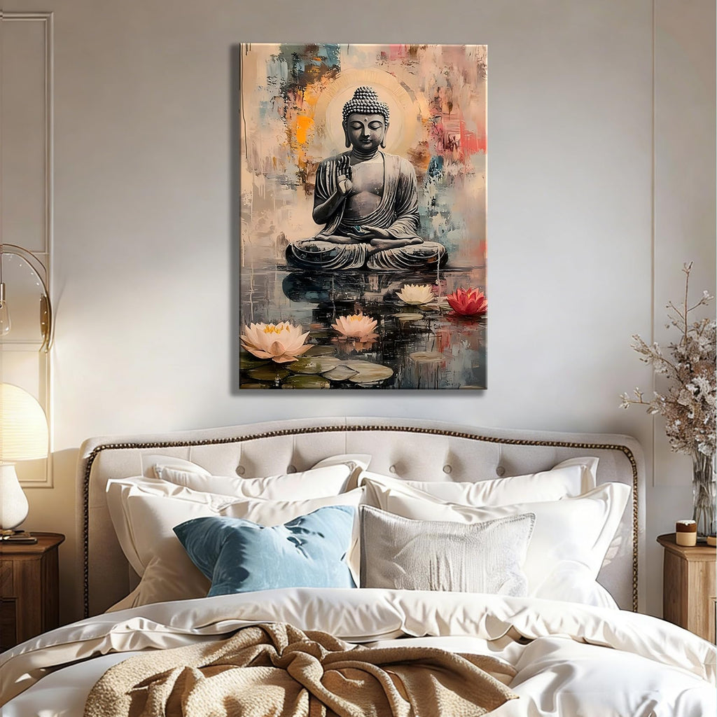 Framed Abstract Buddha Lotus Canvas Wall Art, Colorful Impressionist Buddha with Water Lily Canvas Prints Pictures