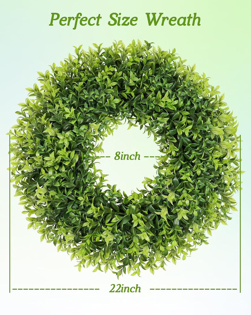 22 Inch Artificial Boxwood Wreaths for Front Door with Sash Outdoor Summer Wreath for Front Door, Spring Green Wreath