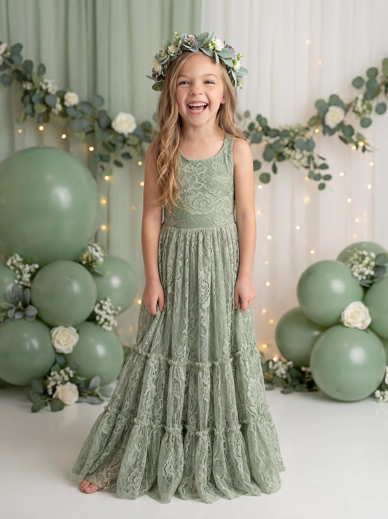Flower Girl Dress Ruffle Lace Boho Toddler Dresses Sleeveless