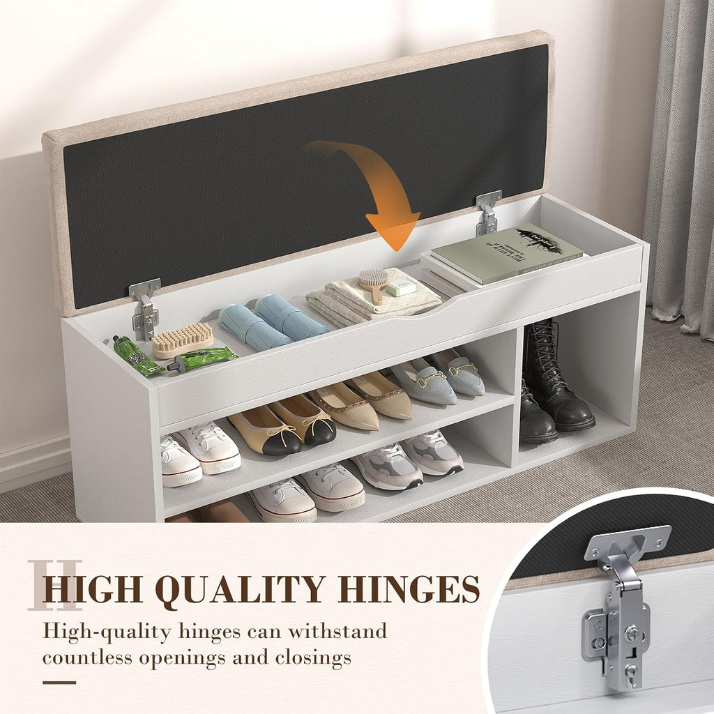 31 Inches Storage Bench with Padded Cushion, Shoe Bench with Storage Space, Upholstered Entryway Bench , 2-Tier Shoe