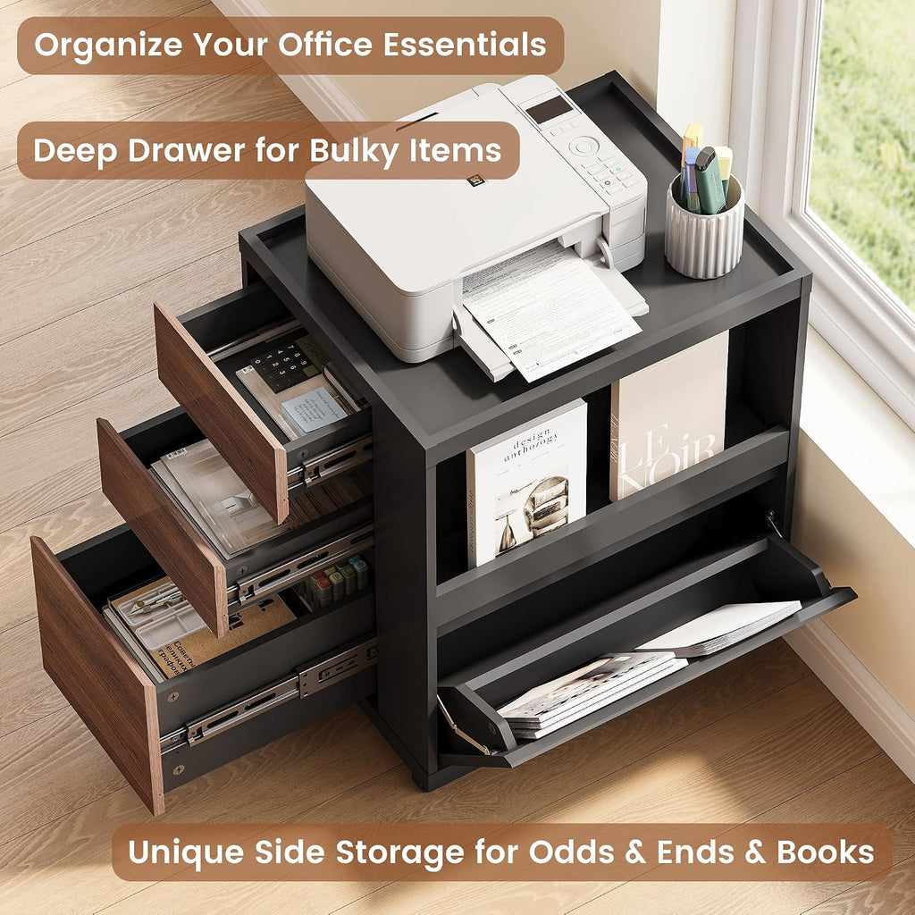 Mobile File Cabinet Under Desk with 3 Drawer, Office Storage Cabinet | Rolling Wood Printer Stand w/ Unique Side