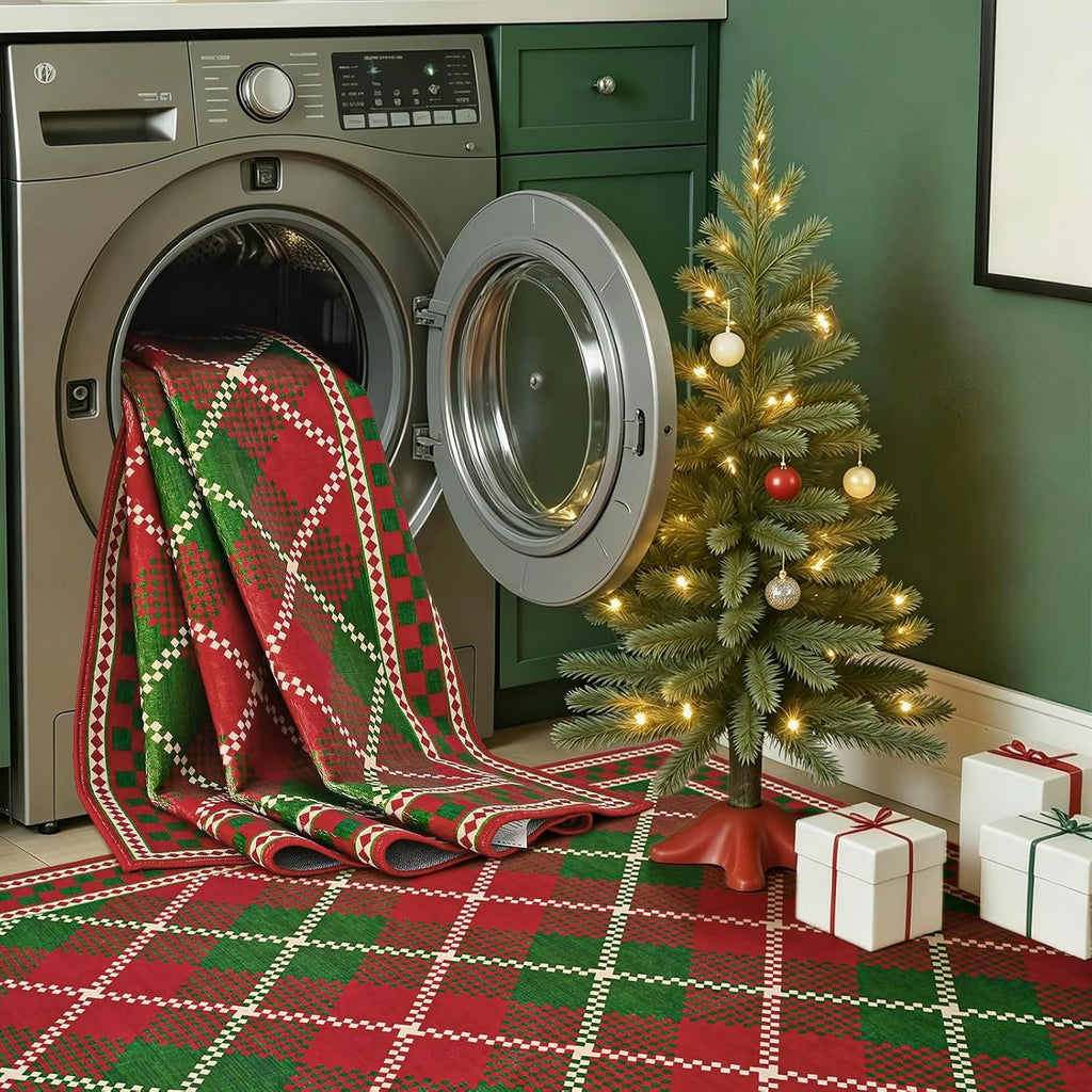 Christmas Runner Rug, Red Green Checkered Rugs with Low Plie Non-Slip Backing, Washable Stain-Resistant Plaid