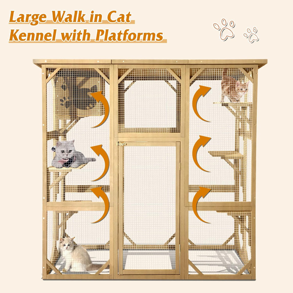 Cat Enclosure Large Outdoor Catio Wooden Cat House with Weatherproof, Cat Cage Condo Indoor Playpen with Platform