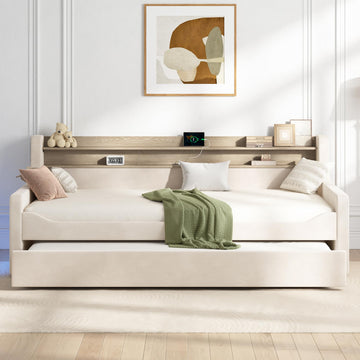 Twin Upholstered Daybed with Trundle and Storage Headboard, Cream