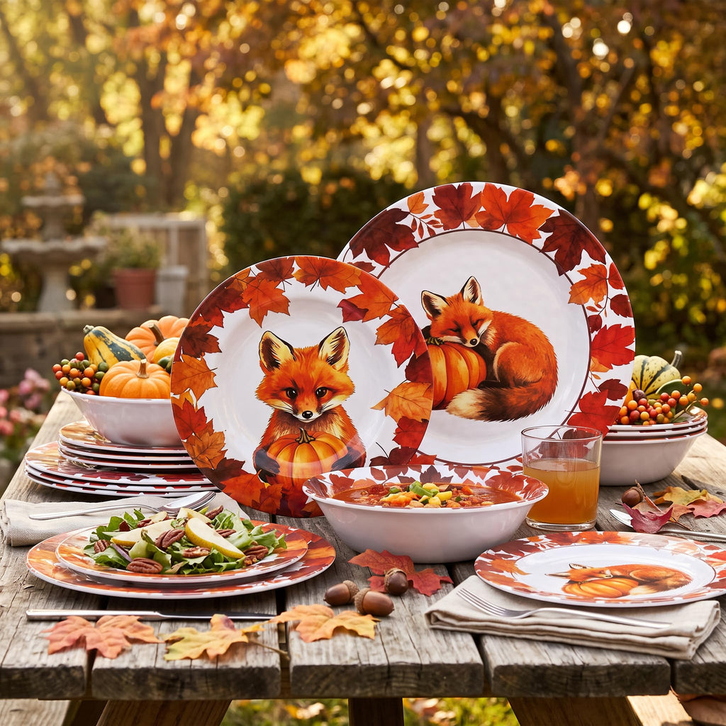 Melamine Dinnerware Set 12Pcs,Melamine Plates and Bowls Fall Fox