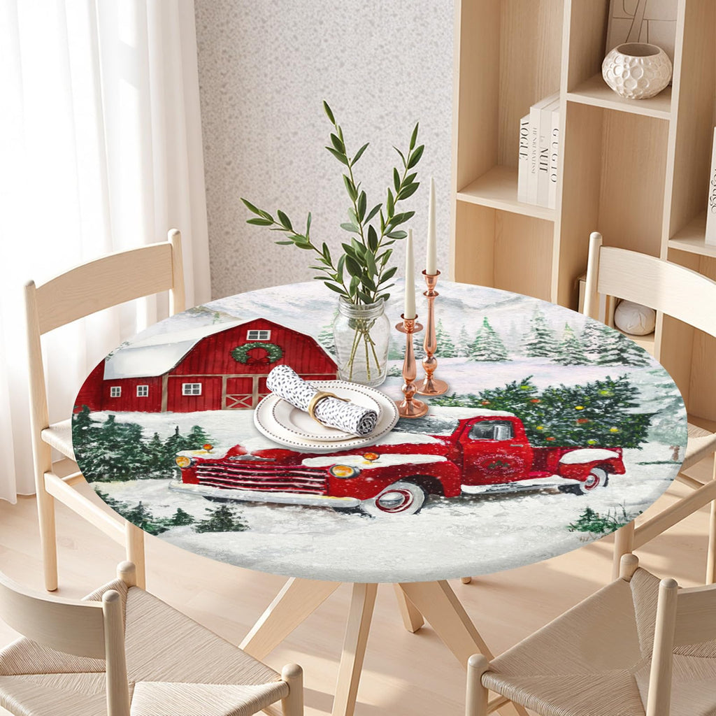 Christmas Round Fitted Tablecloth with Elastic Edge, Water-Resistant Wipeable Winter Snow Red Truck Farmhouse Xmas