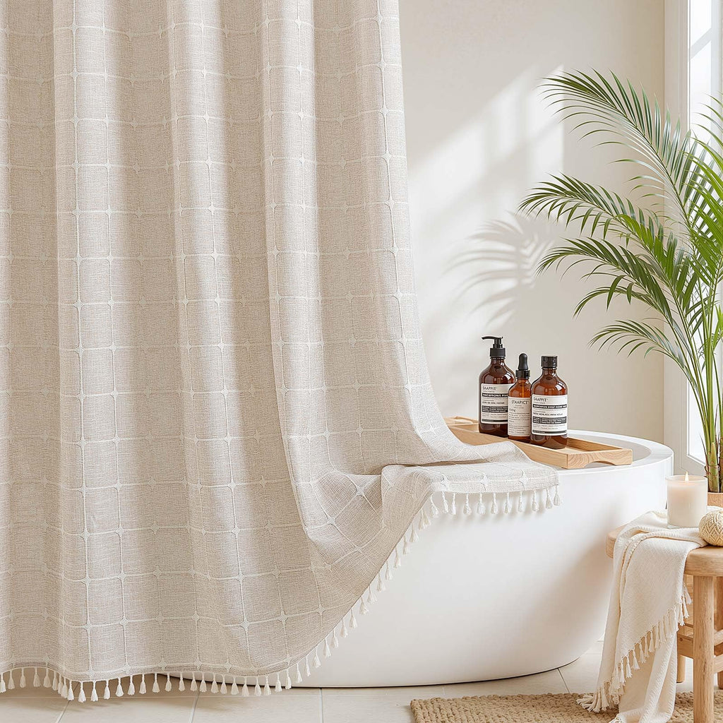 RiverDream Farmhouse No Hooks Shower Curtain with Snap-in Liner, Linen, 54x80