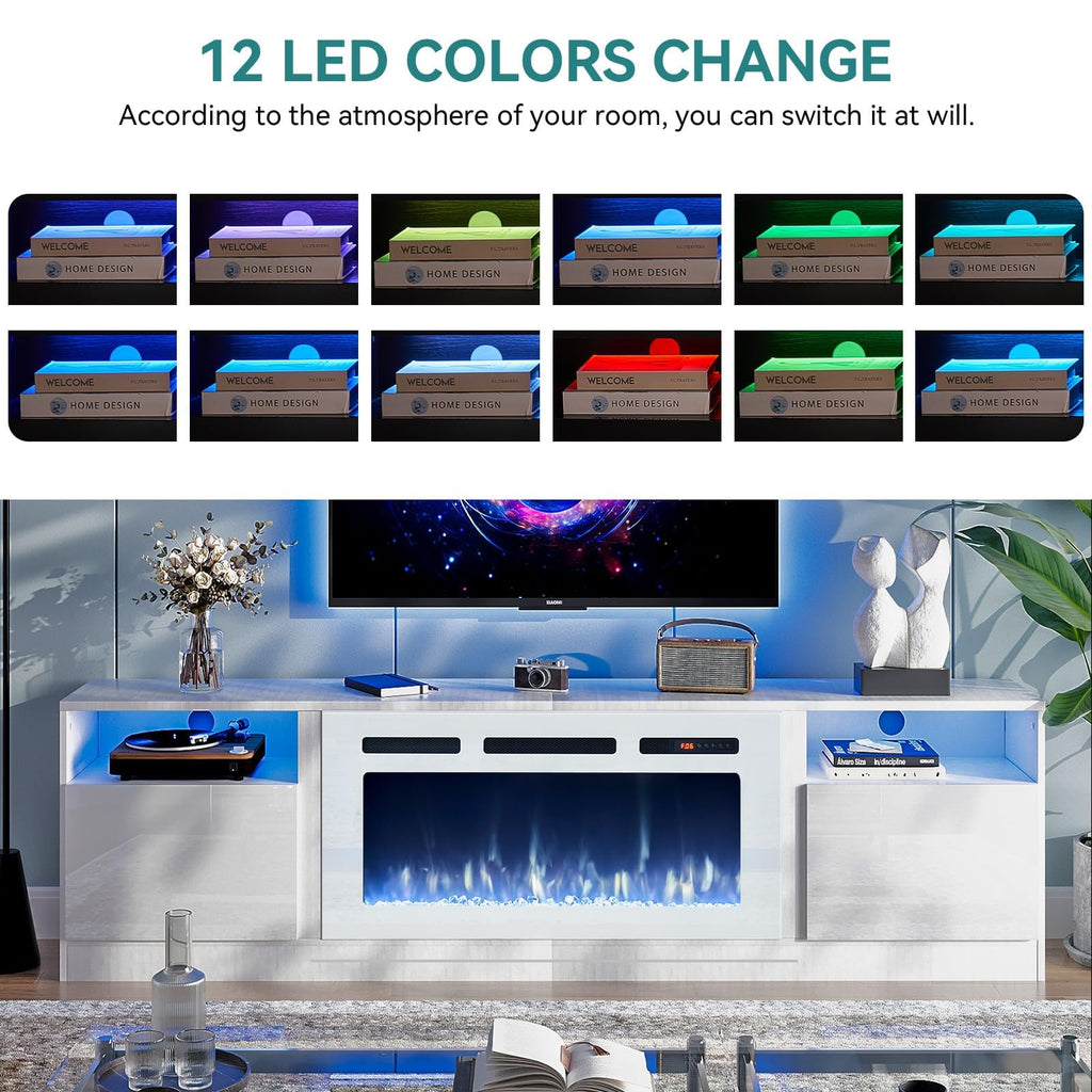70" TV Stand with 36" Electric Fireplace, Large Modern Media Entertainment Center with Storage Cabinet and 12 Colors