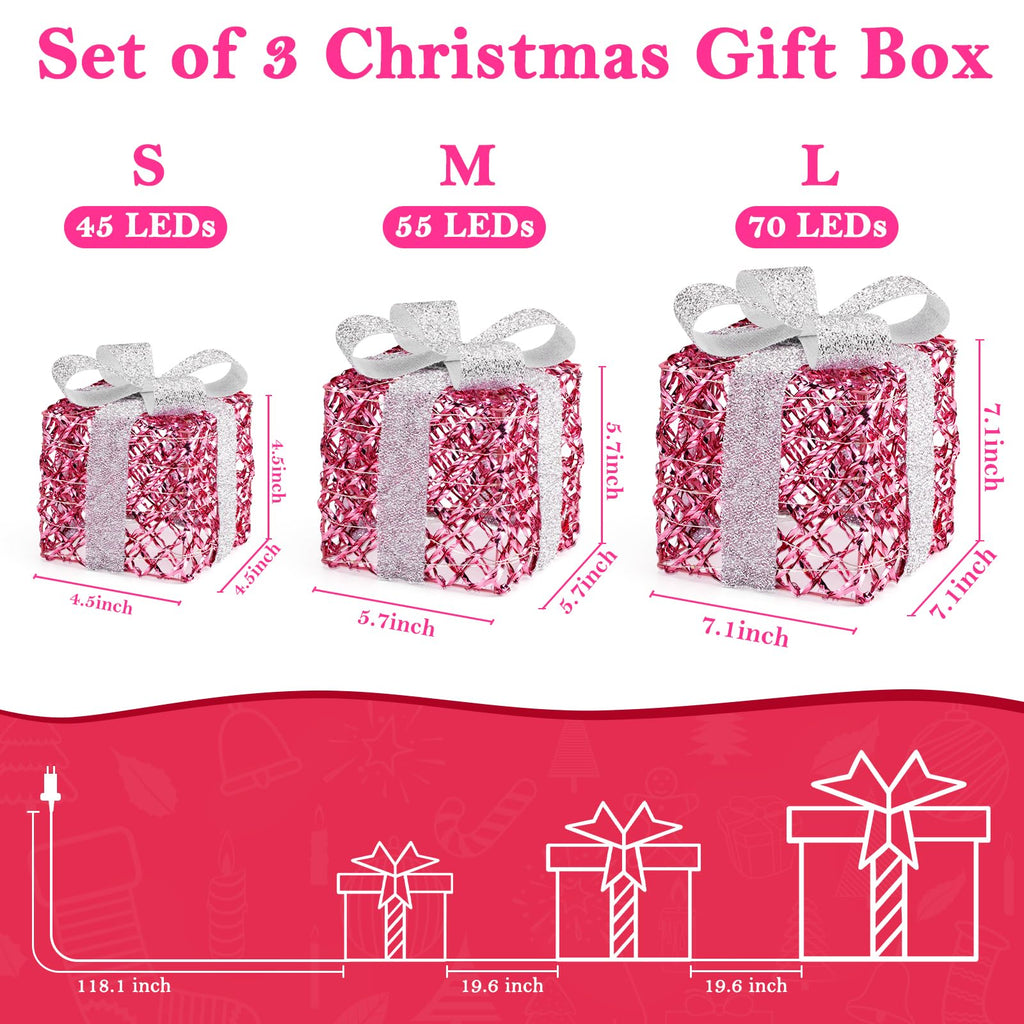 Christmas Lighted Gift Boxes, 170 LEDs Pink Christmas Decorations with Silver Bow, 8 Modes & Timer Set of 3 Plug-in
