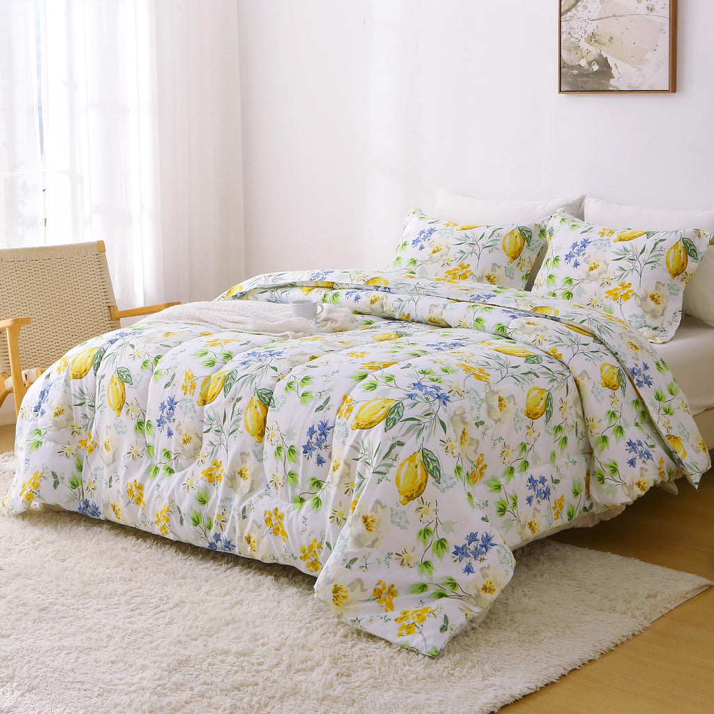 Floral Comforter Sets, Lemon Blossoms Patterned Bed in a Bag for All Seasons, 3-Piece Farmhouse Rustic