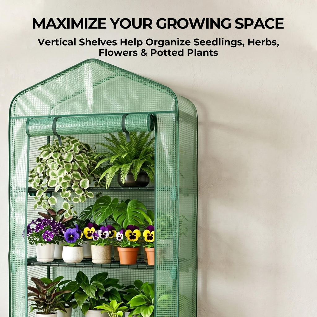 4 Tier Mini Greenhouse - 63'' H x 27'' L x 19'' W - Sturdy Portable Gardening Shelves with Durable PE Cover w