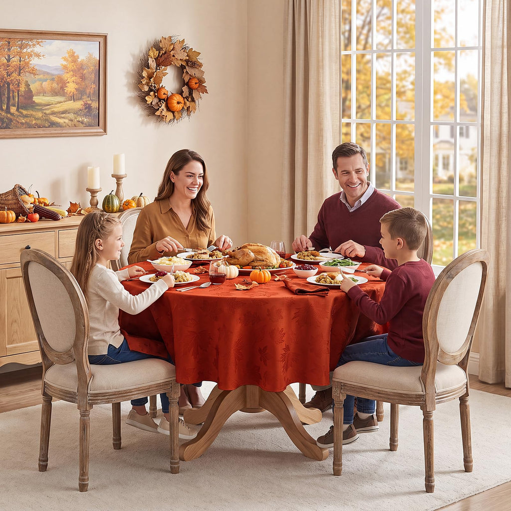 Fall Jacquard Round Tablecloth, 70 Inch Burnt Orange