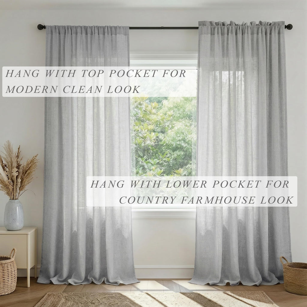 102 Inch Curtains Bedroom 2 Panels Rod Pocket Long Drapes Light Filter Semi Sheer Linen Light Grey Curtain Sliding