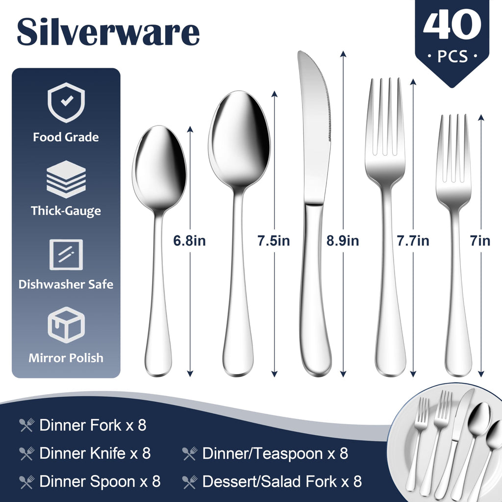 Heavy Duty Silverware Set for 8, 40 Pcs Stainless Steel Flatware Set