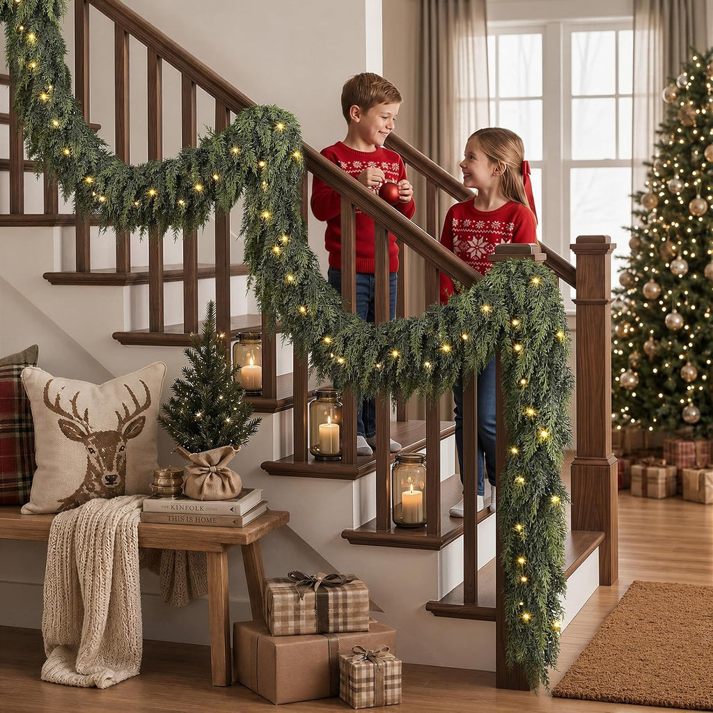 9FT Pre-Lit Cedar Christmas Garland with Lights, Real Touch Mantel Decor