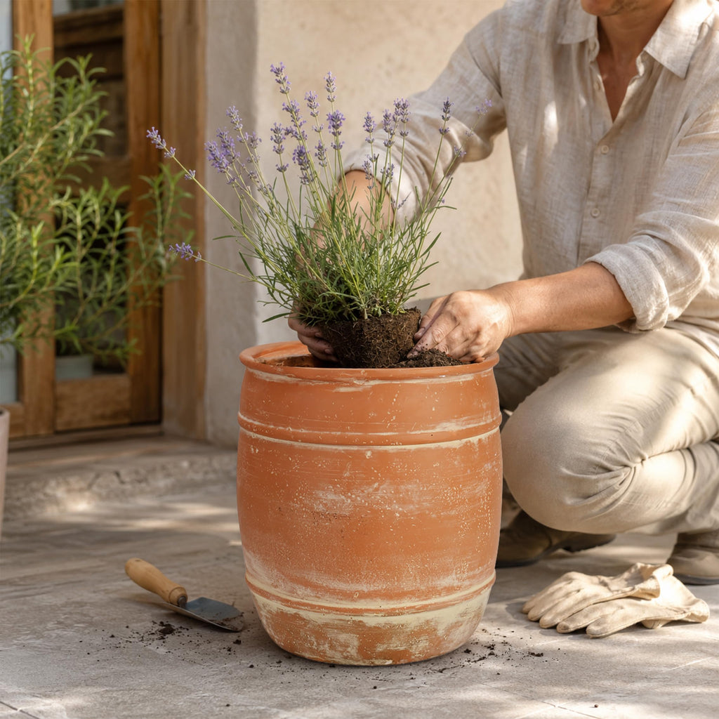11"H x 9.5" Dia Aged Terracotta Clay Planter Pot with Drainage Hole, Rustic Farmhouse Style Flower Pot with