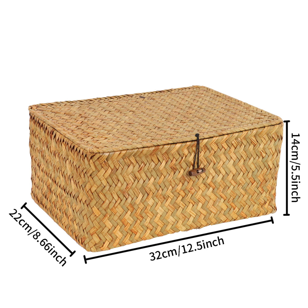 Wicker Shelf Baskets with Lid, Seagrass Storage Basket Bins Rectangular Handwoven Basket Boxes for Shelves Desktop