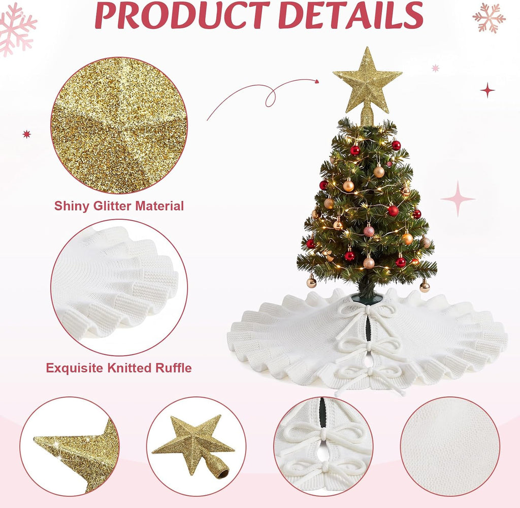 White Mini Christmas Tree Skirt 18" with Star Tree Topper - Set of 2