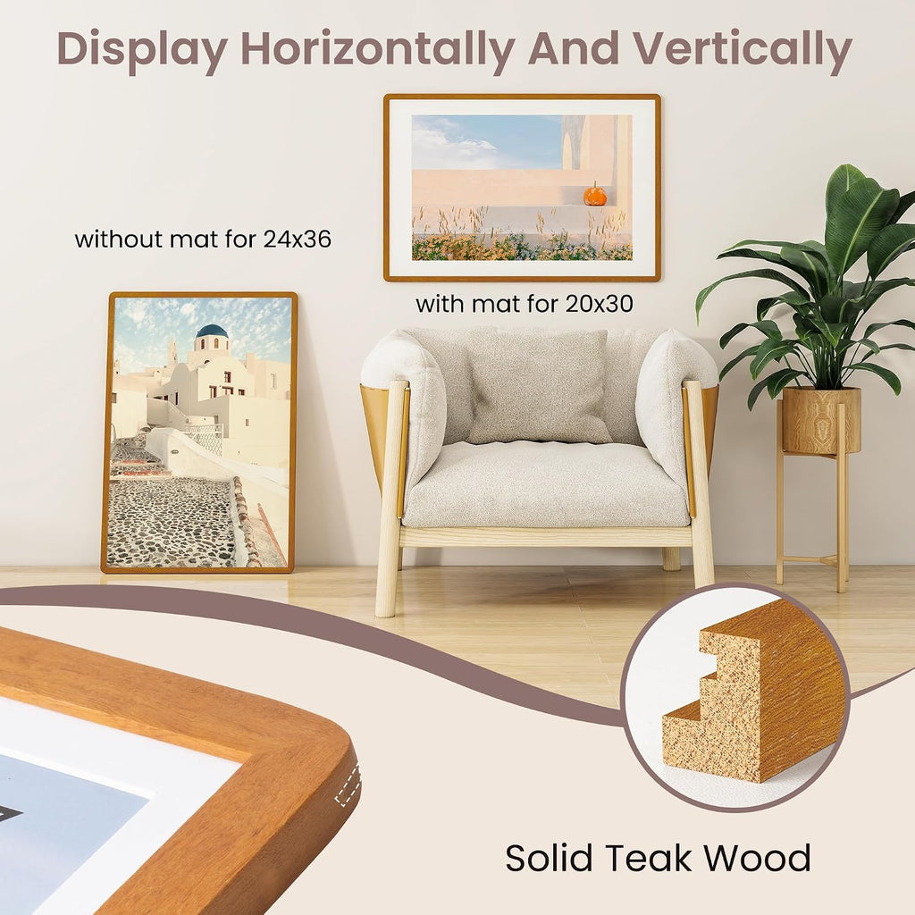 24x36 Poster Frame - Solid Teak Wood 24 x 36 Picture Frame, 24''x36'' Frame With Mat For 20x30, Tempered Glass and