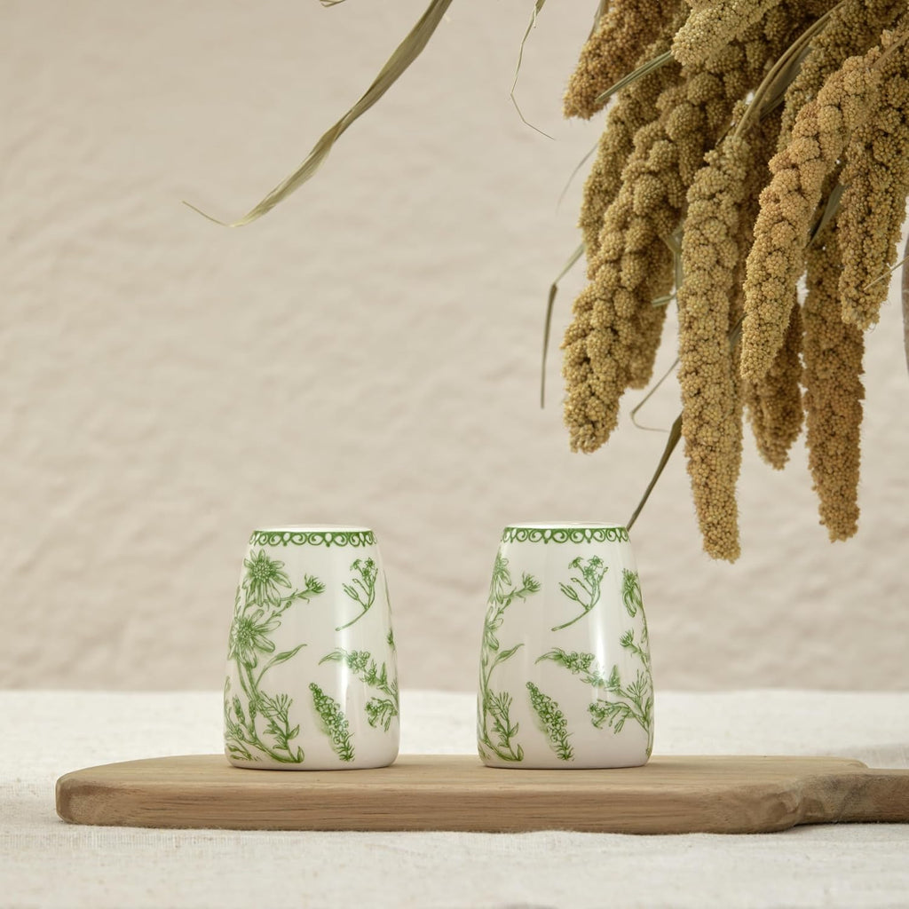 Green Garden Toile De Jouy Ceramic Salt & Pepper Shaker Set or Decor, Dishwasher Safe - Set of 2