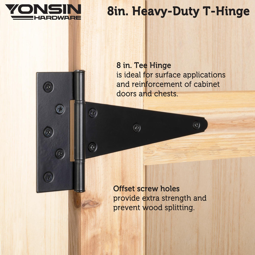 8" T-Strap Shed Door Hinges 4Pcs Switch Silently, Heavy Duty Black Tee Hings for Wooden Fence Gate, Outdoor T Hinges