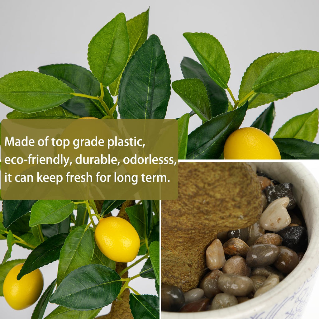 Artificial Potted Plants, 15.7 inches Small Fake Lemon Tree Artificial Lemons Citrus Tree with Blue and White Pot