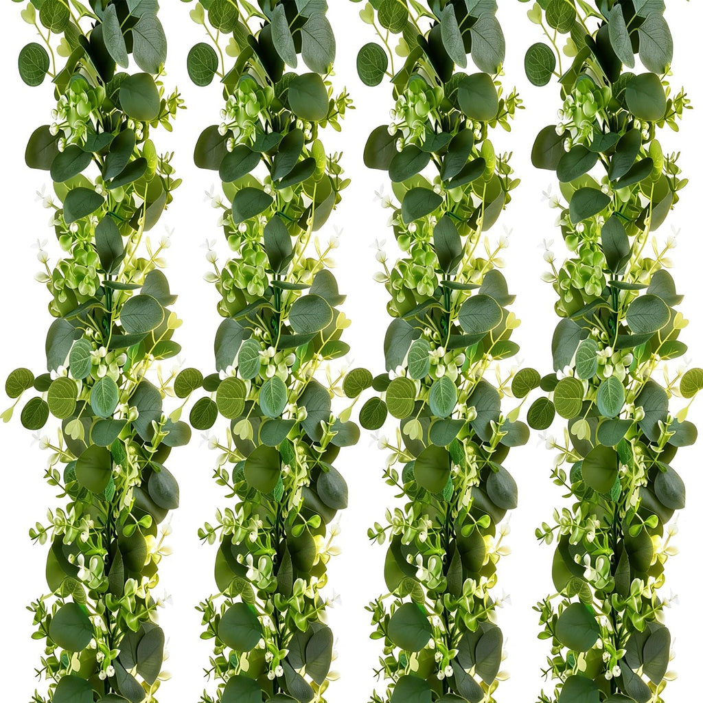 Eucalyptus Garland with White Flowers 4Pack: 5.9Ft Artificial Faux Greenery Vines for Table Runner Wedding Bedroom - Set of 236