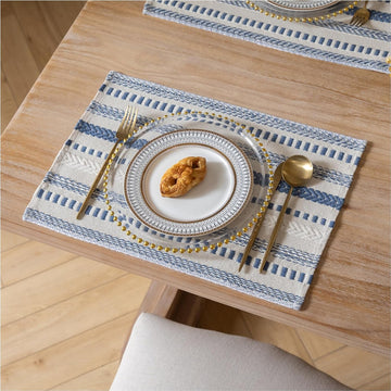 Boho Placemats, Blue Beige Cotton Linen Woven Place Mats - Set of 6