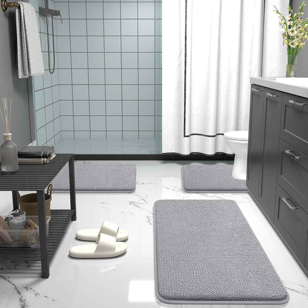 Memory Foam Bathroom Rugs Mats Sets 2 Piece, 24"x20"+30"x20", Grey | U-Shaped Toilet Rug Set, Non-Slip Quick Dry