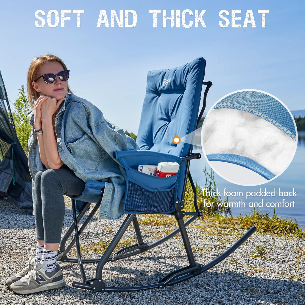 Thick Padded Folding Rocking Camping Chair Outdoor 400 LBS Blue