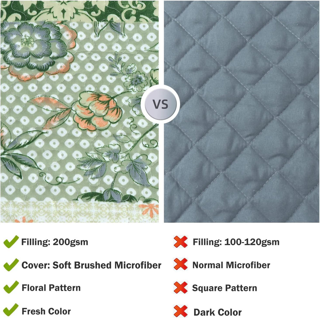 Summer Floral Queen Quilted Bedspread,Romantic Green Quilt Set,Reversible Stitched Bedding Cover All Season,Soft