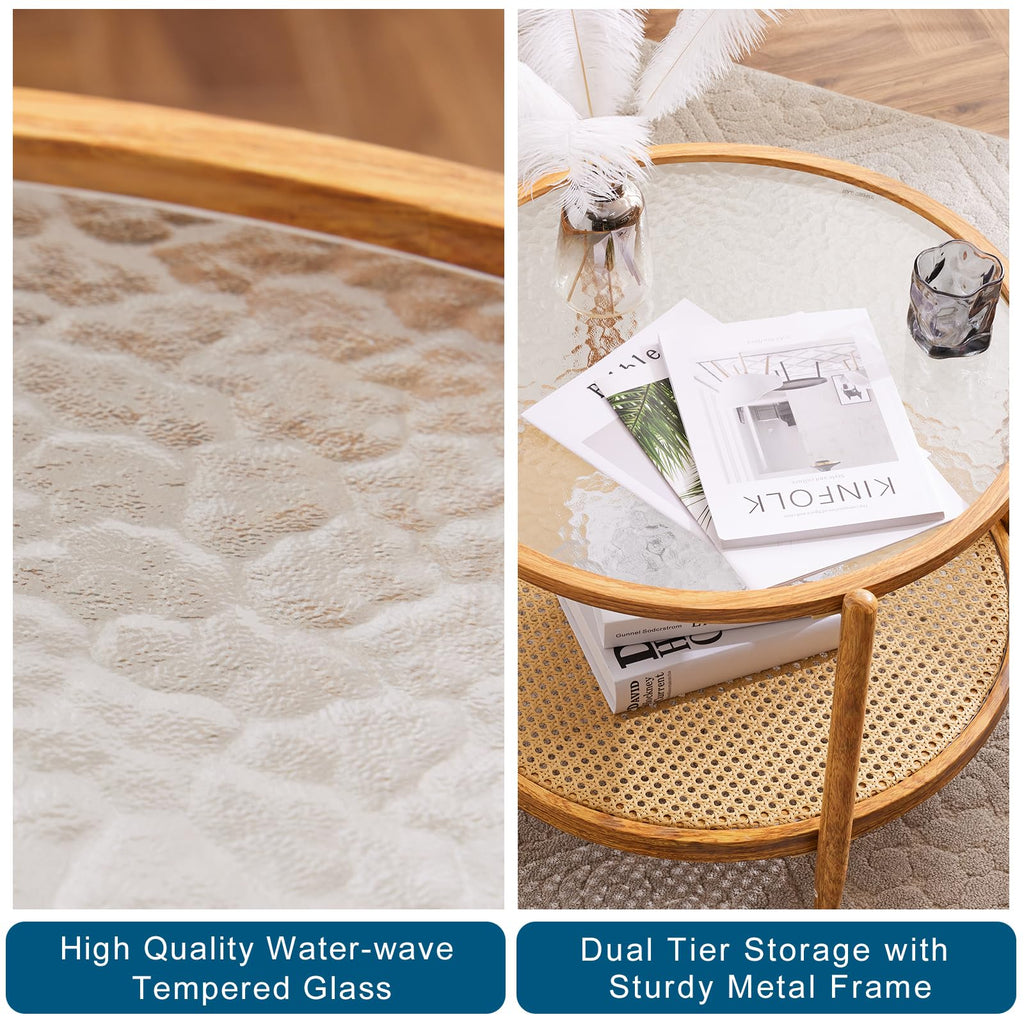 25.6" Round Glass Coffee Table, Rattan Coffee Table, Natural Vibe