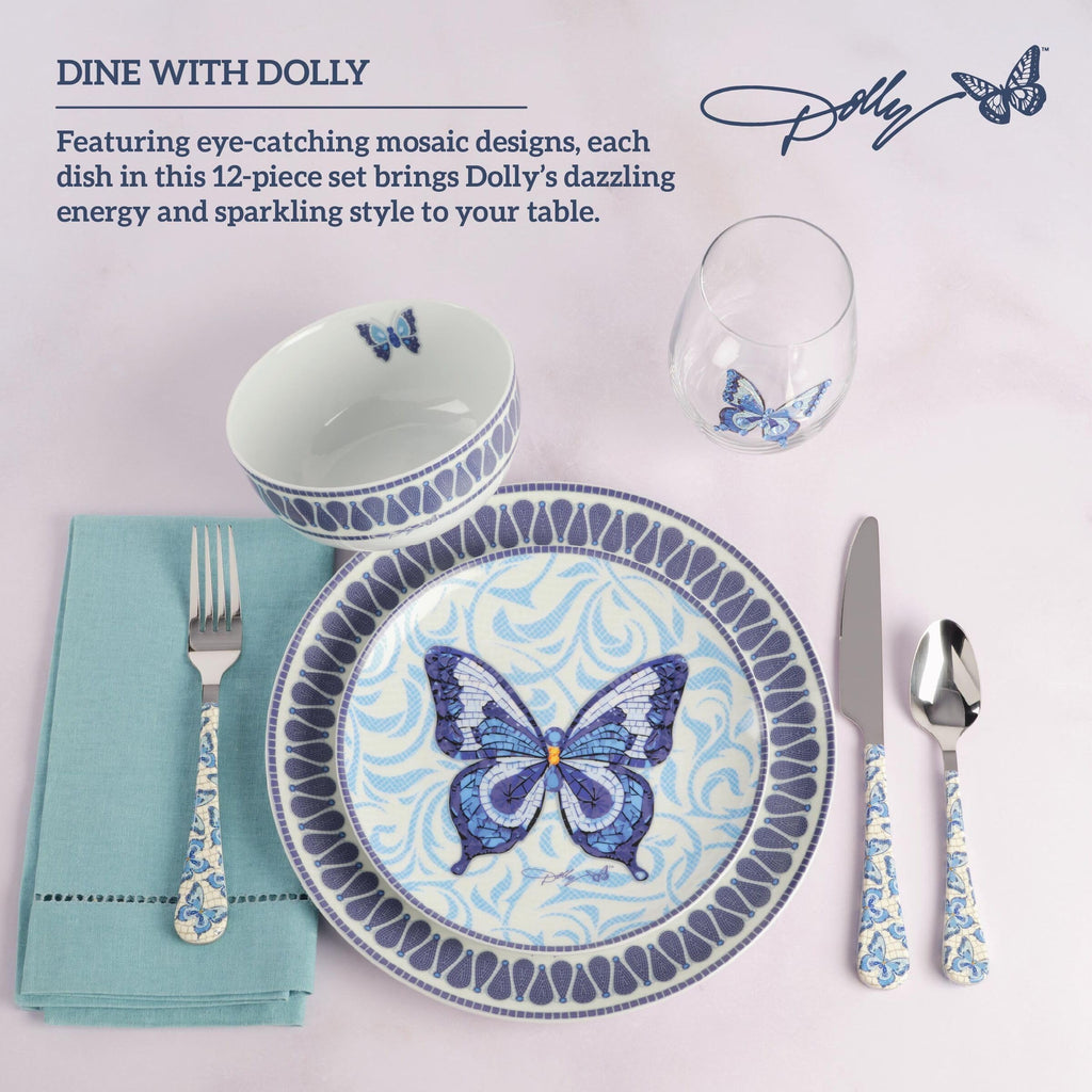 12 Piece Jeweled Mosaic Blue Butterfly Dinnerware Set Porcelain Dinner Plates Salad Plates Bowls, Service for 4