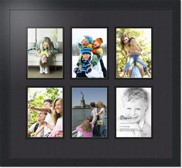 Collage Photo Frame Double Mat with 6-5x7 Openings with Satin Black Frame and Black mat.