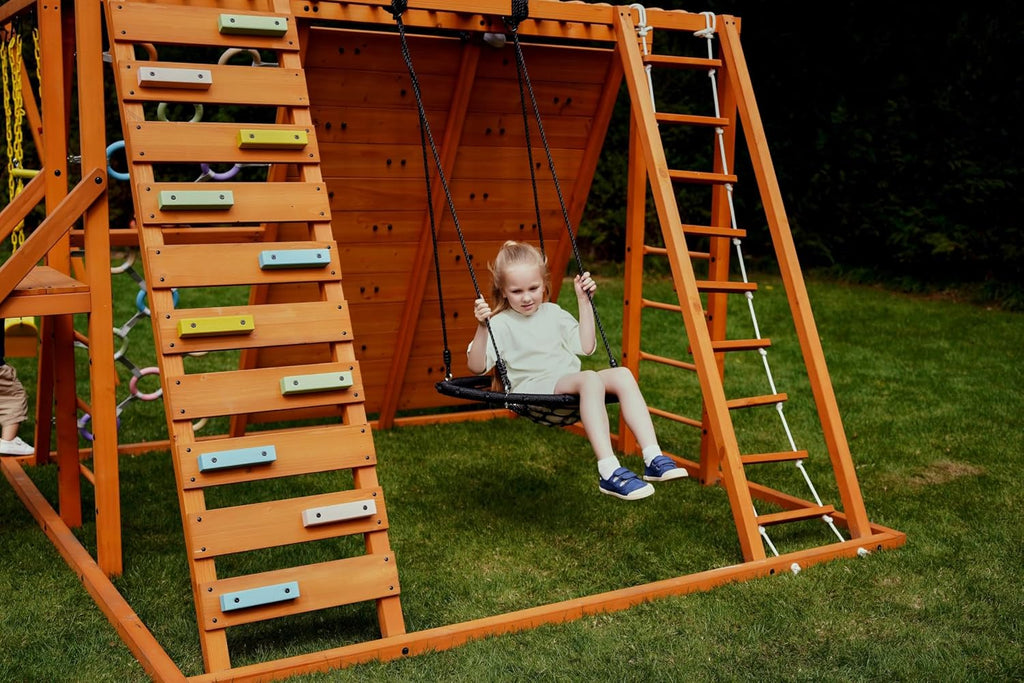 Sycamore Wooden Swing Set with Climbing Ladder, 2 Belt Swings & Trapeze Bar - Outdoor Backyard Jungle Gym Playground