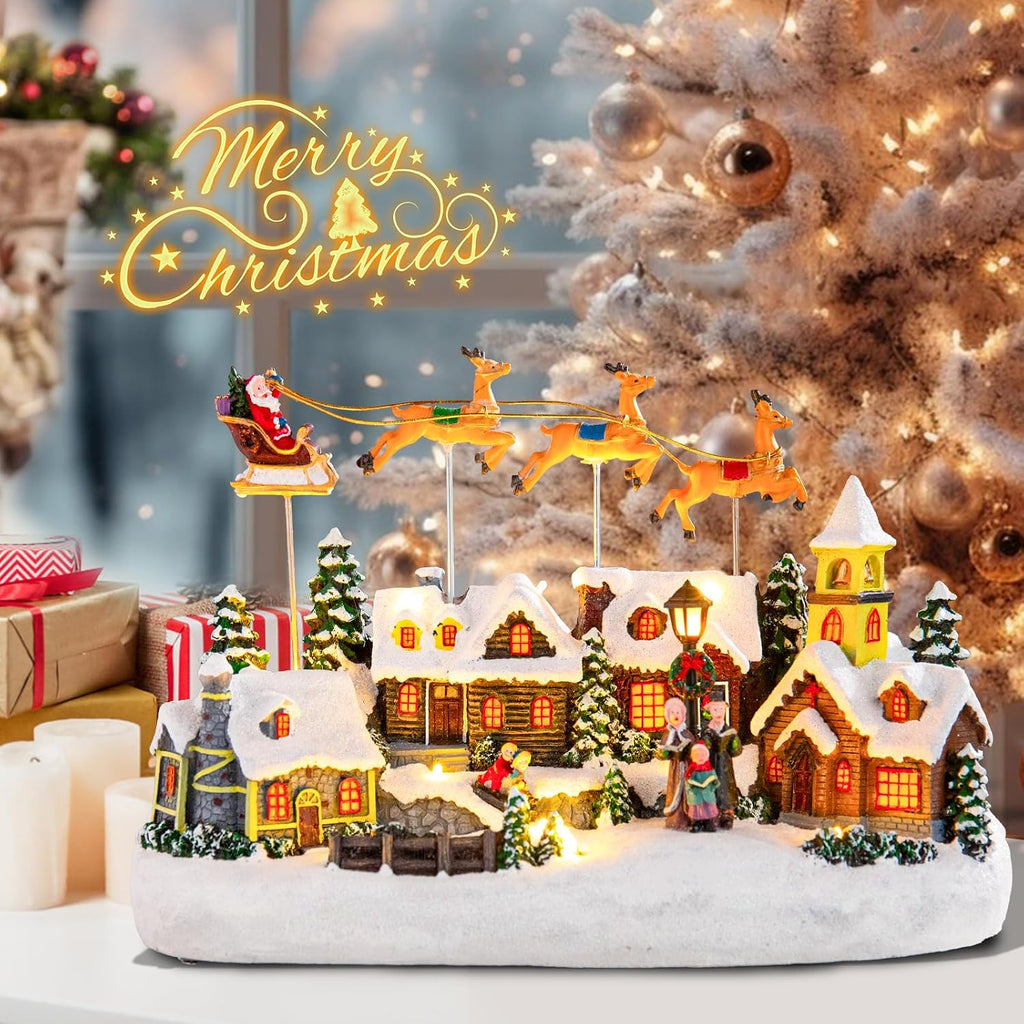 Christmas Village Lighted Decoration Musical Animated Display Christmas Collectible Santa Deer Battery Operated