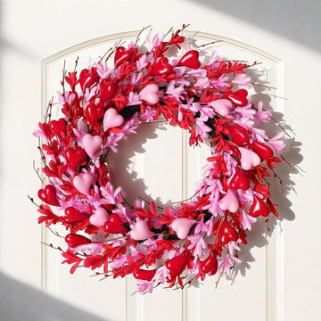 24'' Valentine's Day Wreath for Front Door, Handmade Spring Flower Garland with Red Berries and Pink Love Heart
