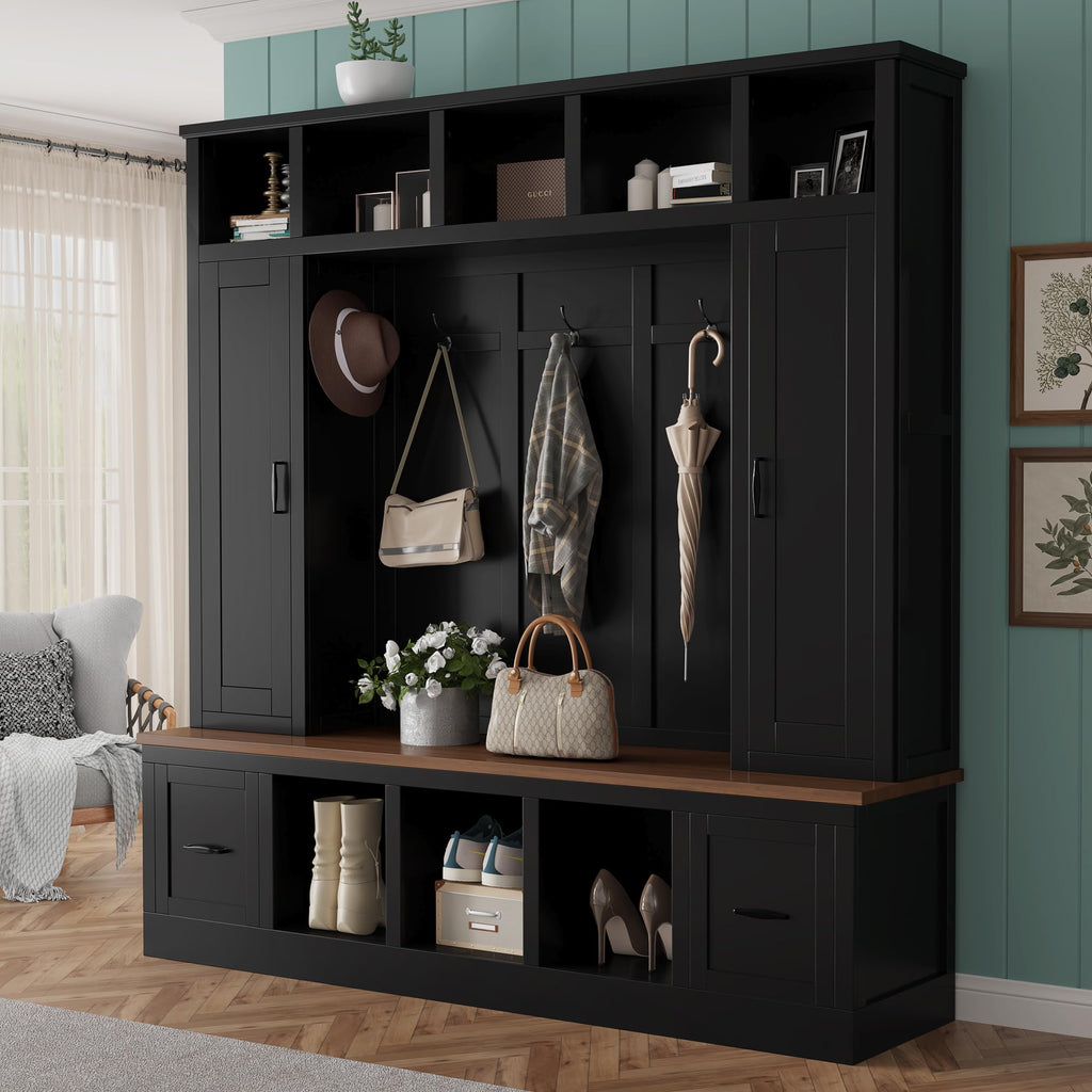 Large Hall Tree with Bench and Shoe Storage, 72" Farmhouse Entryway Bench with 2 Drawers, 5 Hooks & Top Cubbies