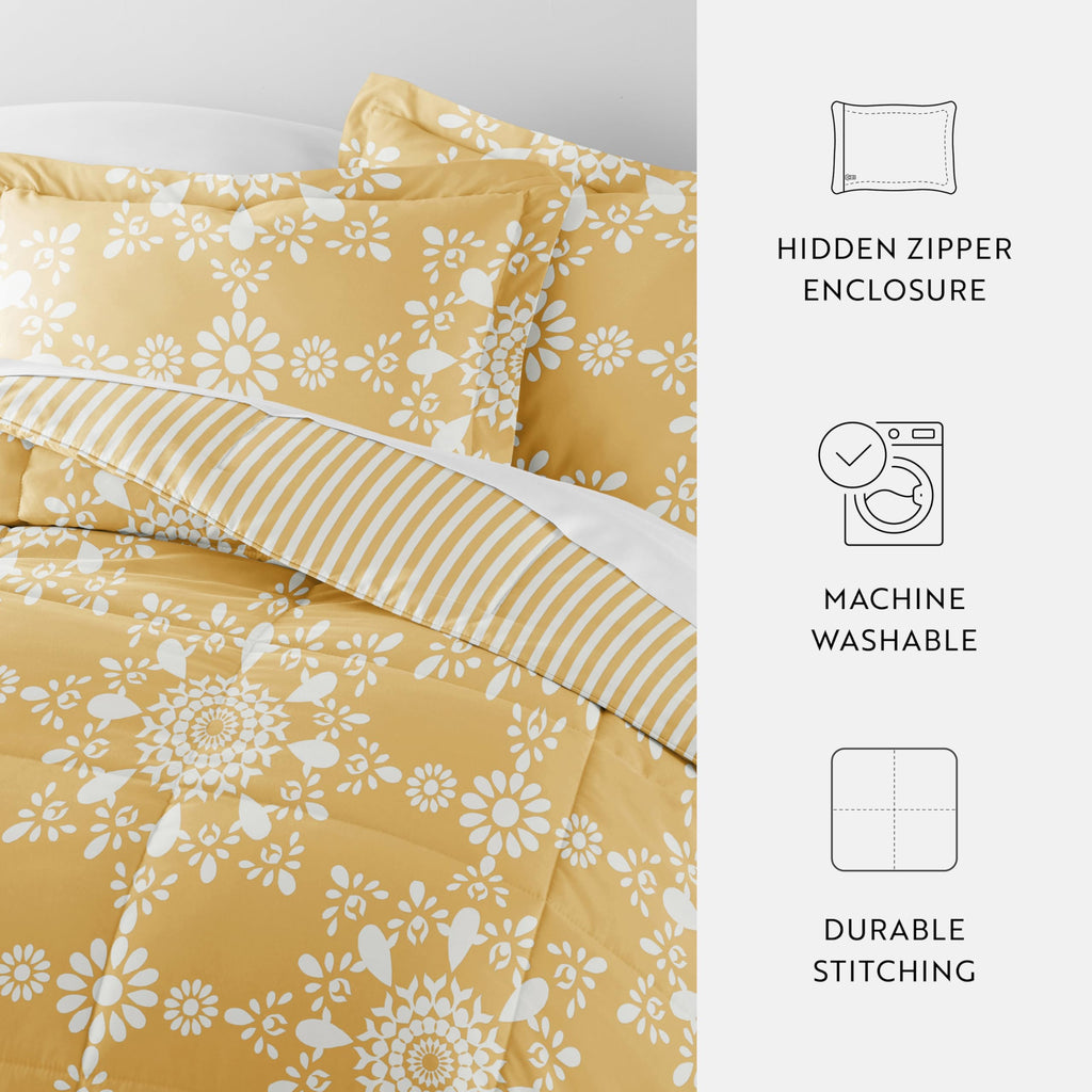 Comforter Set Patterned Microfiber All Season Down-Alternative Ultra Soft Bedding in Daisy Medallion - Full/Queen