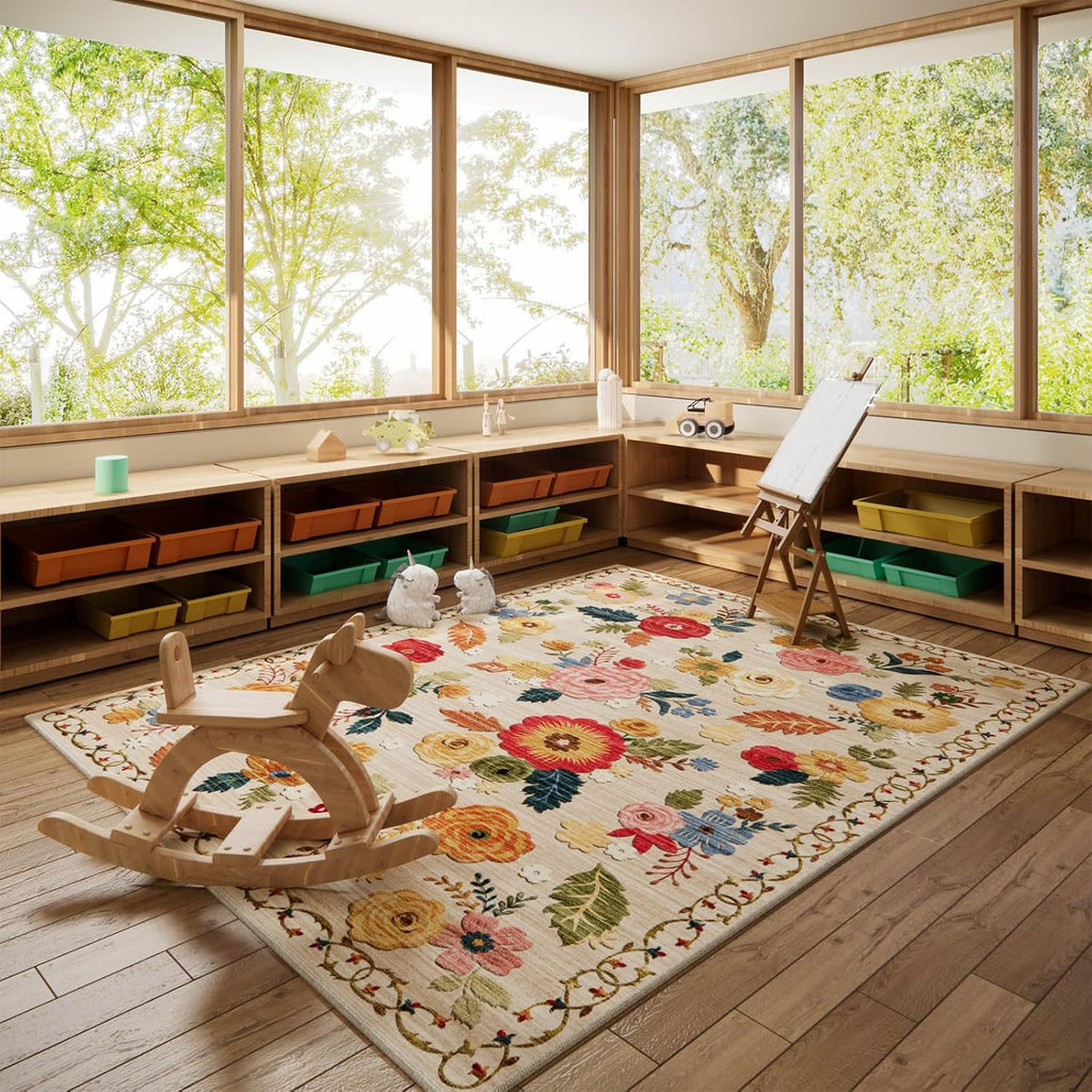 8x10 Area Rugs for Living Room: Washable Rug Non Slip Low Pile Soft Faux Wool Non Shedding Distressed Vintage Floral
