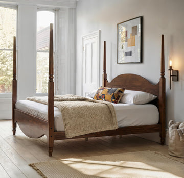 Brixton Solid Pine Wood Four-Poster Bed, Arched Headboard, Walnut