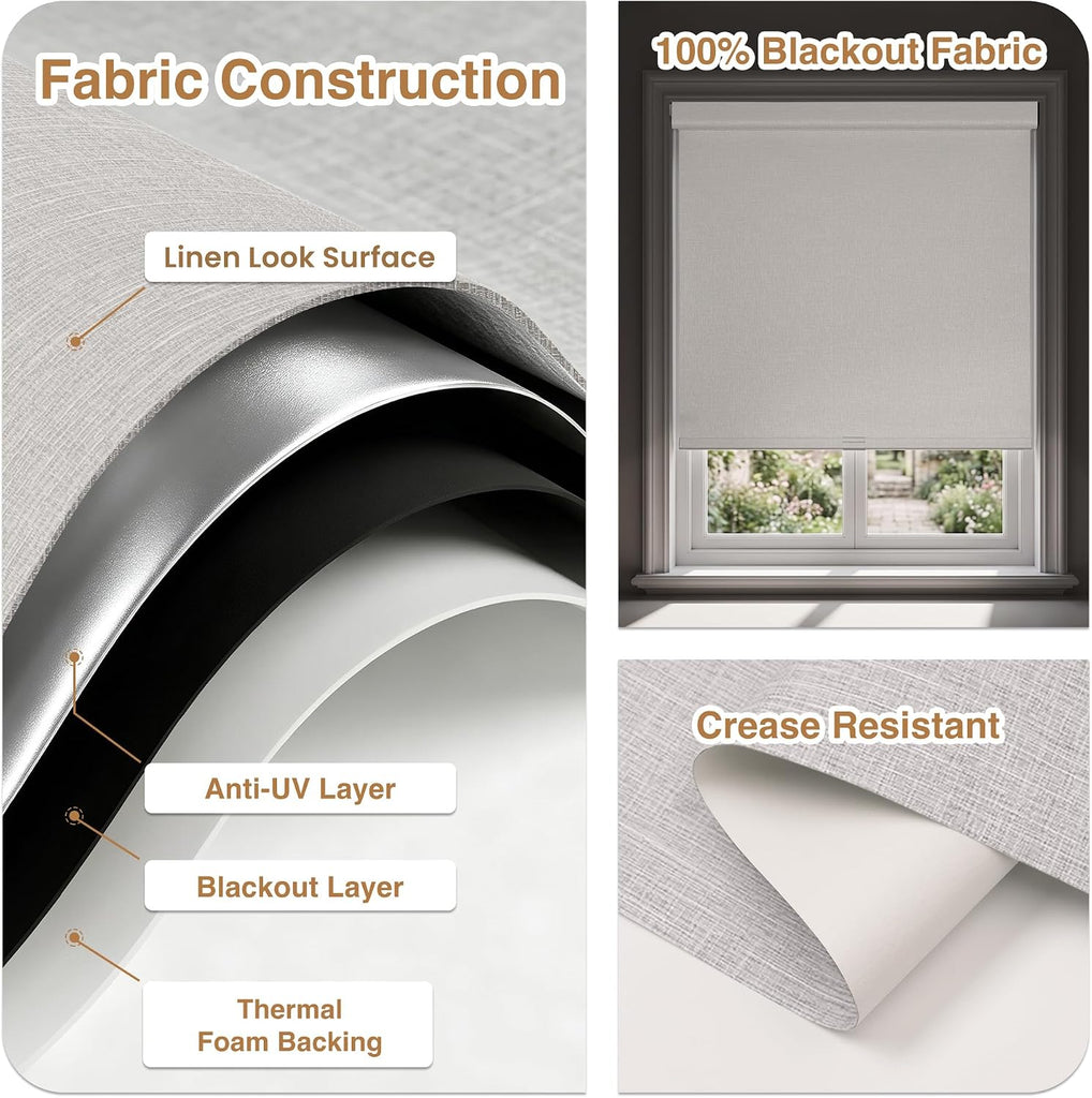 No Drill Cordless Blackout Roller Shades, Grey, 22" W x 72" H