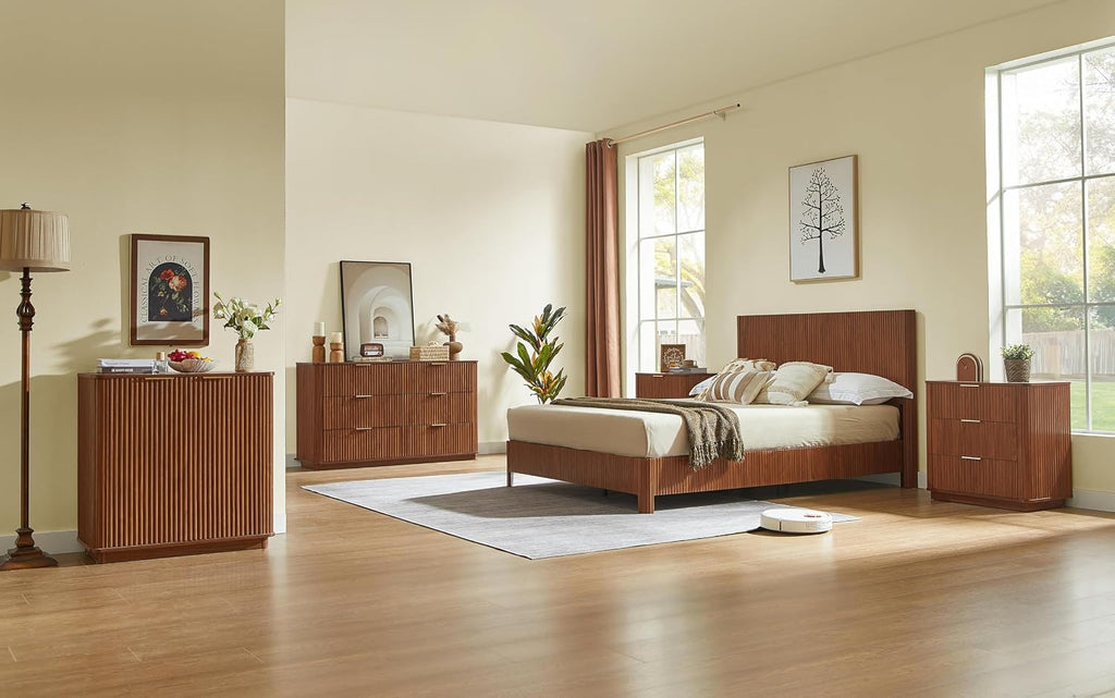 Wood Bed Frame with Headboard, Modern Retro Walnut Platform Beds Frames, Mid Century Rustic Wooden Bedroom