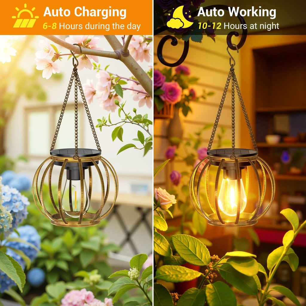 Solar Lanterns Outdoor Waterproof, 4 Pack Upgraded Bronze Metal Hanging Solar Lights Outdoor Lanterns, Brighter Auto