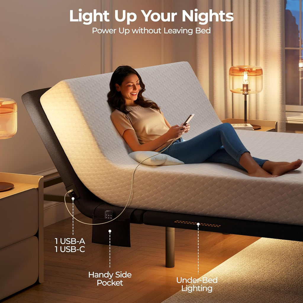 Queen Adjustable Bed Frame,w/Wireless Remote,Massage Function,Nightlight,4 Height-Adjustable Legs,Head & Foot